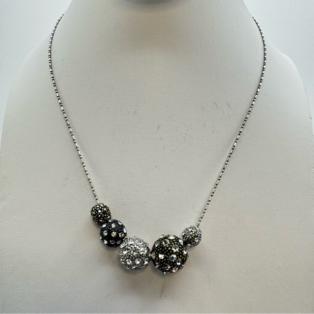 Silver Tone Crystal Pave Ball Beaded Necklace Modern Glam New Modern